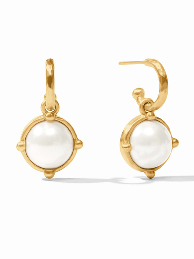 Gold earrings with white gemstones on a white background