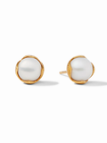 Gold earrings with white gemstones on a white background