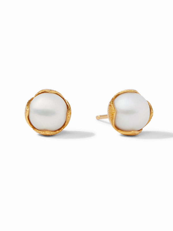 Gold earrings with white gemstones on a white background