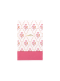 A rectangular notebook or journal with a white cover featuring a pink floral trellis pattern and a solid pink bottom band, with the brand name 'notte' printed in gold near the center.