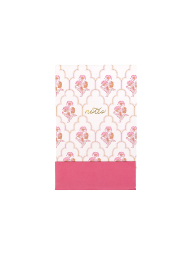 A rectangular notebook or journal with a white cover featuring a pink floral trellis pattern and a solid pink bottom band, with the brand name 'notte' printed in gold near the center.