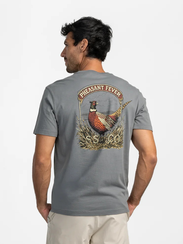 gray tee with a pheasant in a crest on the back of a shirt 