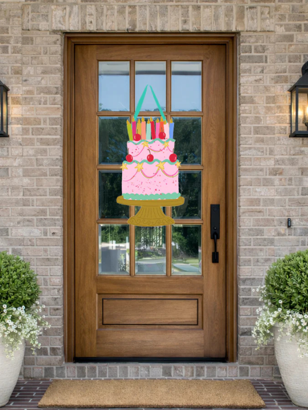 Pink Cherry Birthday Cake Door Hanger with candles
