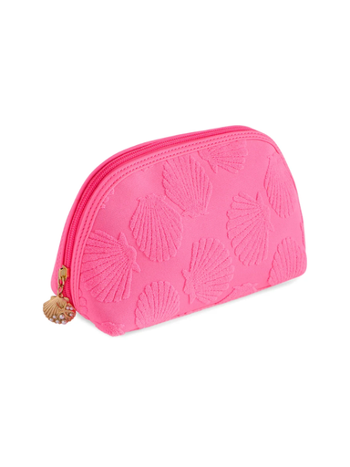 Pink cosmetic bag with shell pattern on a white background