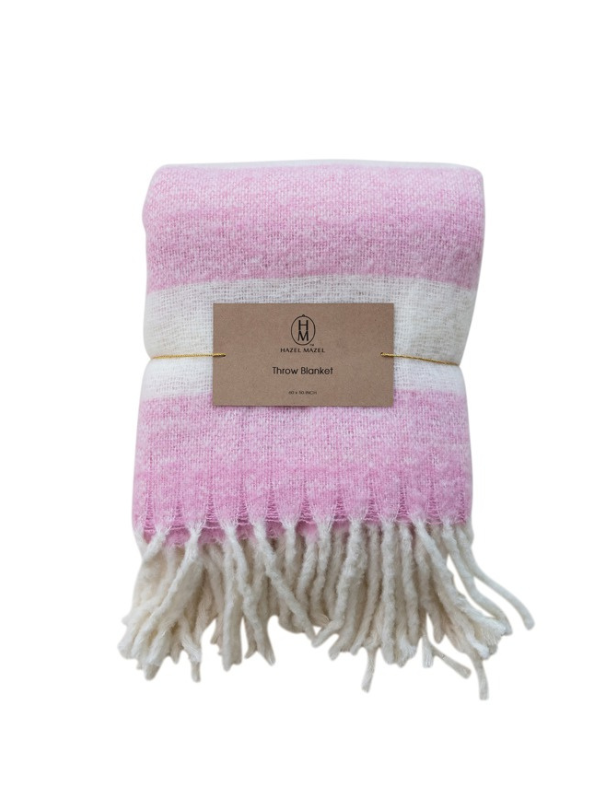 Pink and Natural Acrylic and Wool Throw Blanket