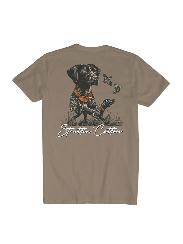 pointer dog on brown shirt