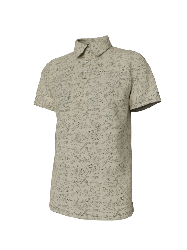 dogs guns and bird pattern on a cream and green shirt 