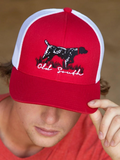 pointer on a red trucker hat