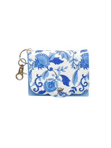 Blue floral patterned wallet with a keychain