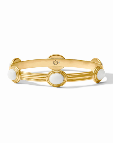 Gold bracelet with white stones on a white background