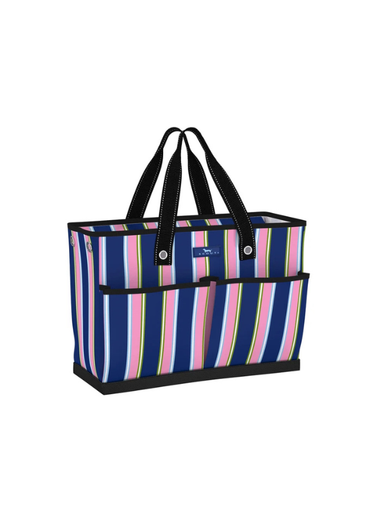 A striped tote bag with navy blue, pink, white, and yellow vertical stripes, featuring black handles and trim