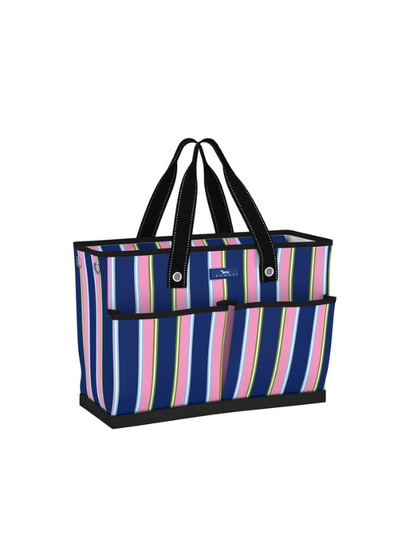 A striped tote bag with navy blue, pink, white, and yellow vertical stripes, featuring black handles and trim