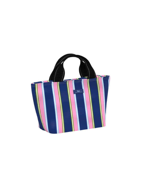 A striped canvas tote bag with navy blue, pink, light blue, yellow, and white vertical stripes, featuring black shoulder straps with white stitching and a small navy brand patch on the front.