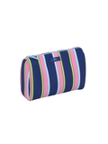 A cylindrical zippered cosmetic pouch featuring vertical stripes in navy blue, pink, light blue, lime green, and white, with a small blue brand patch on the front.