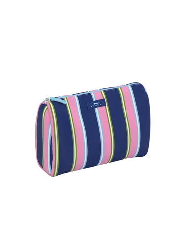 A cylindrical zippered cosmetic pouch featuring vertical stripes in navy blue, pink, light blue, lime green, and white, with a small blue brand patch on the front.
