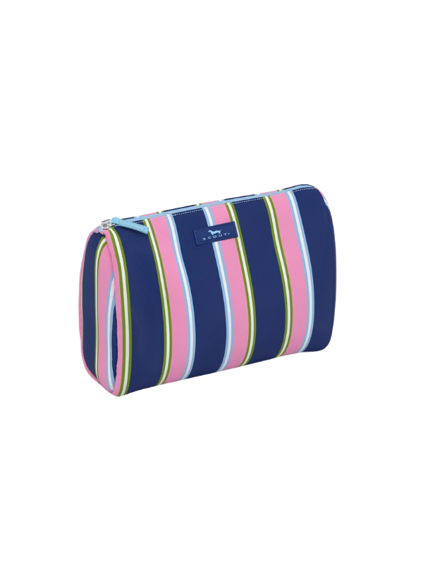 A cylindrical zippered cosmetic pouch featuring vertical stripes in navy blue, pink, light blue, lime green, and white, with a small blue brand patch on the front.