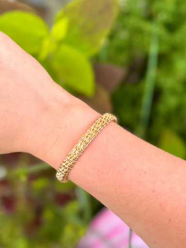 Gold wire woven bracelet by Ronaldo, made in the USA. A timeless piece that can be worn for years to come 