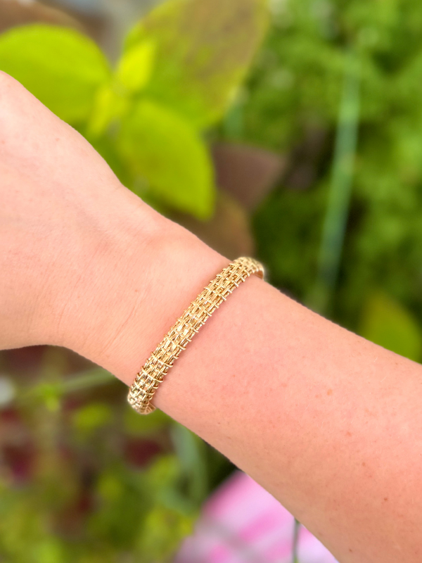 Gold wire woven bracelet by Ronaldo, made in the USA. A timeless piece that can be worn for years to come 
