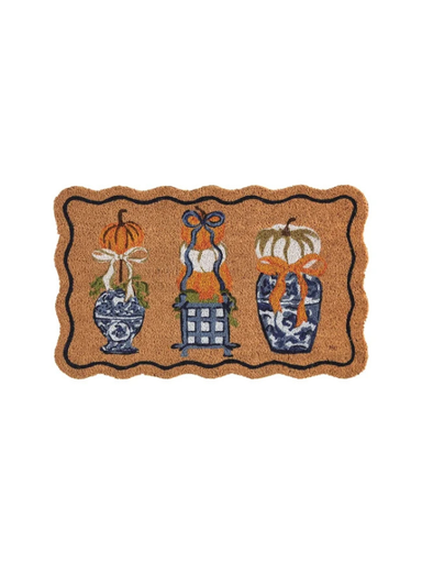 blue and orange Pumpkin Topiary Doormat By Mudpie