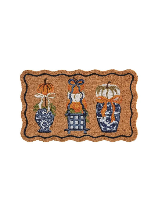 blue and orange Pumpkin Topiary Doormat By Mudpie