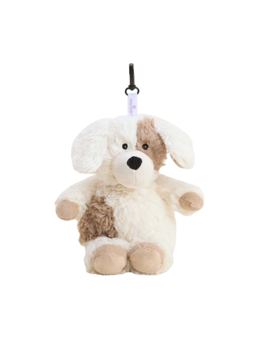 A small plush puppy keychain or bag charm with a black metal clip and white and brown fur