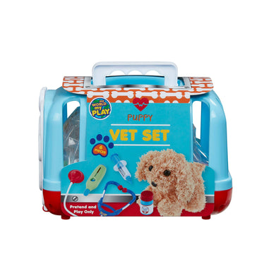 A toy vet medical set for children, including a plush dog in a blue and red carrier with a syringe, stethoscope, thermometer, and medicine bottle.