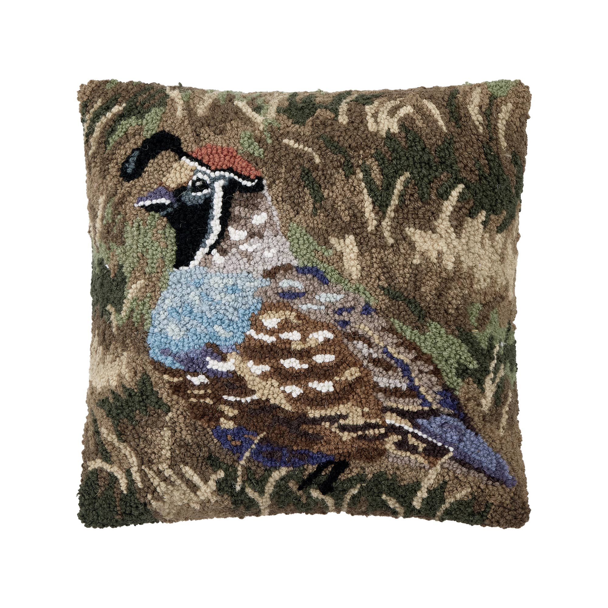 quail hook pillow in blues and brown background 