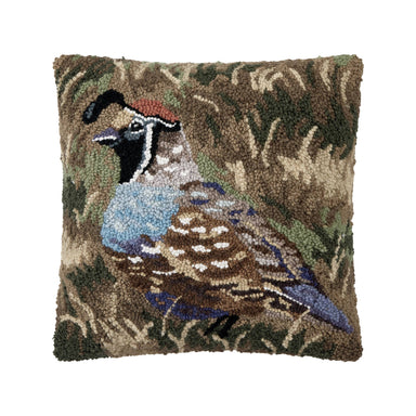 quail hook pillow in blues and brown background 