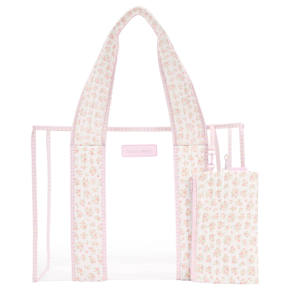Floral-patterned tote bag with a smaller matching pouch on a white background