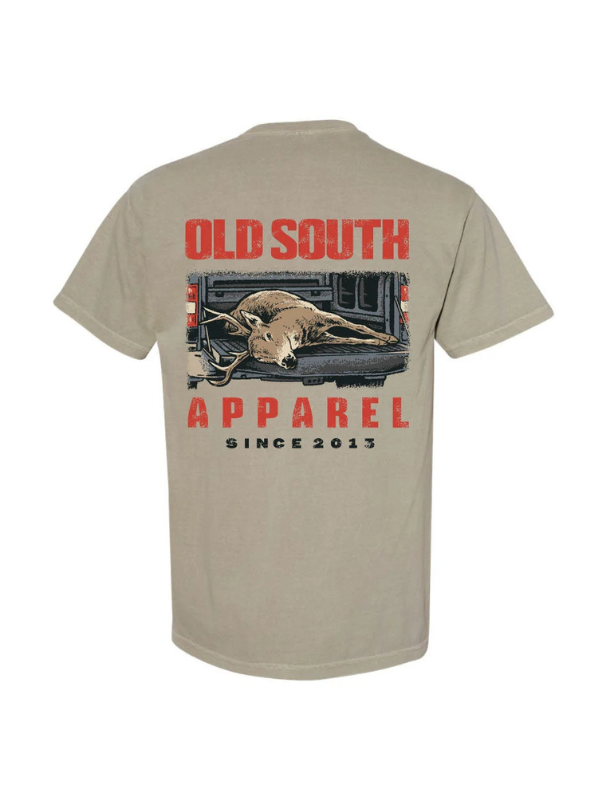 deer in the back of a truck on a sandstone tee