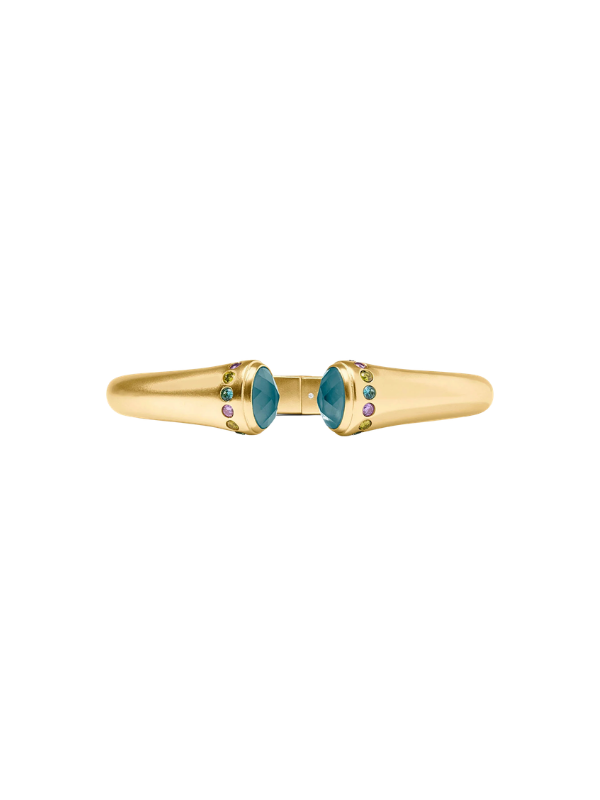 gold hinged cuff with blue and purple stones