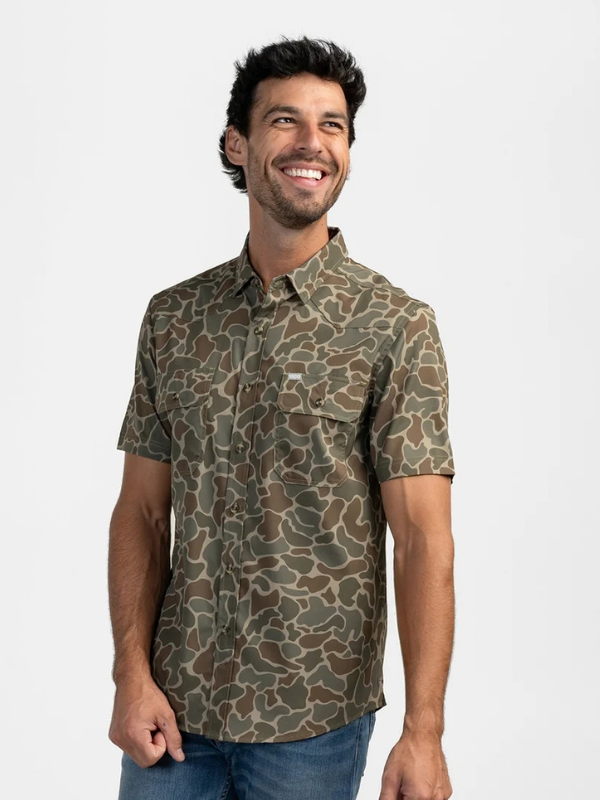 Old school camo short sleeve button down for men 