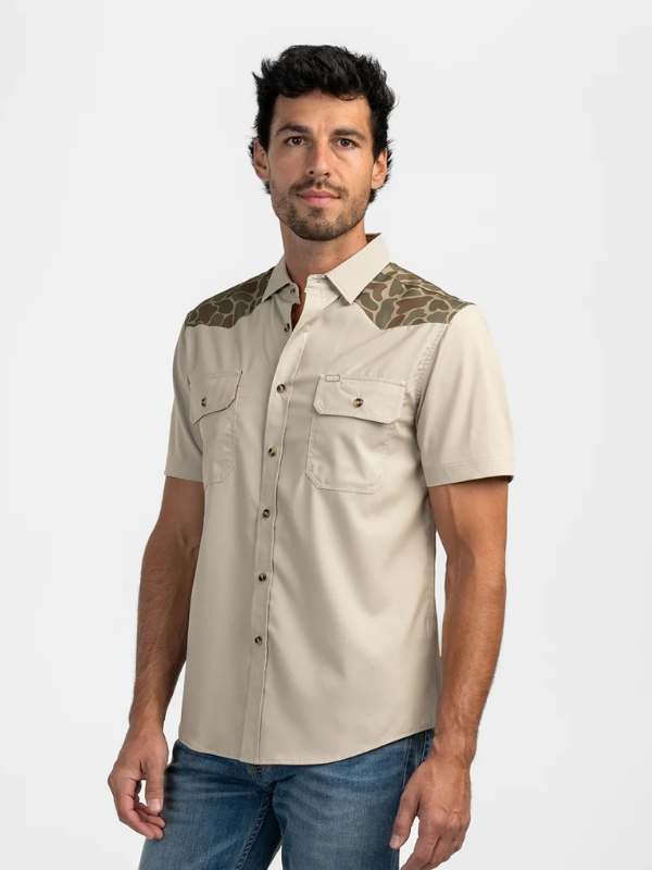 Camo shoulder and khaki Short sleeve button down 