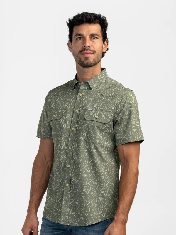 Sage Green Short sleeve Button down with a hunting print on it 
