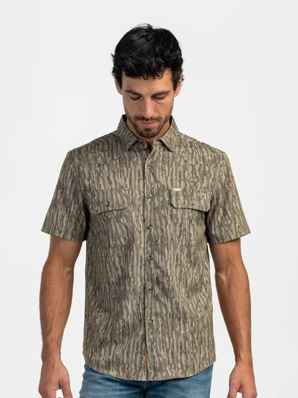 Tree bark pattern on a short sleeve button down top for men 