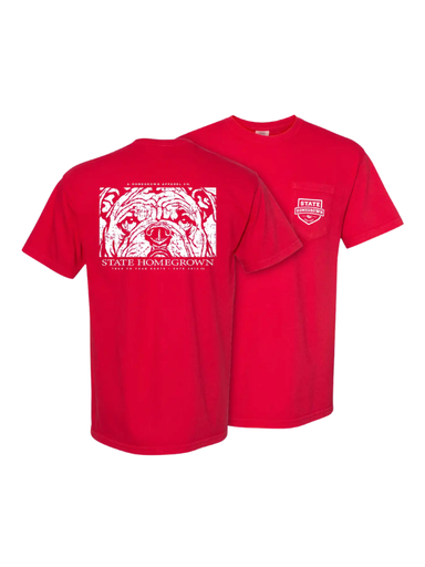white bulldog face on a red tee
