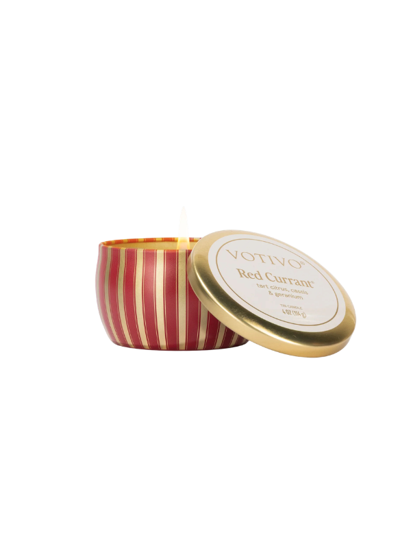 red and gold striped Red Currant Holiday Tin Candle