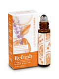 Essential oil roll-on with packaging labeled 'Refresh' on a white background