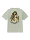 sage green tee with a dog and sunglasses and a heat 