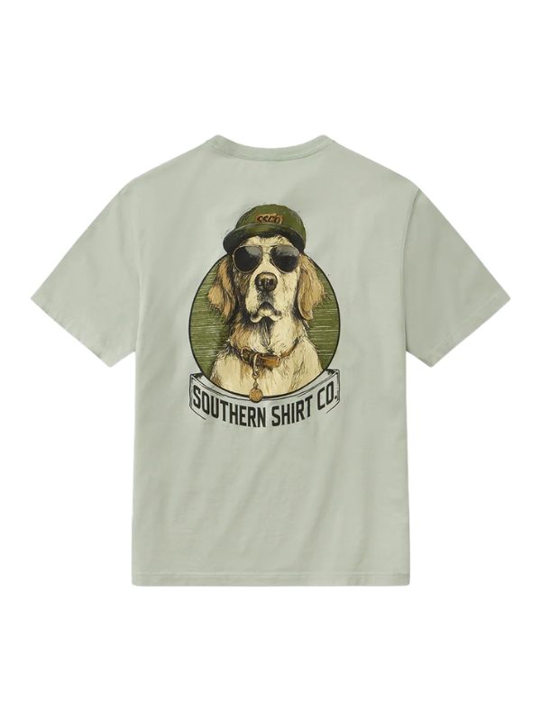 sage green tee with a dog and sunglasses and a heat 