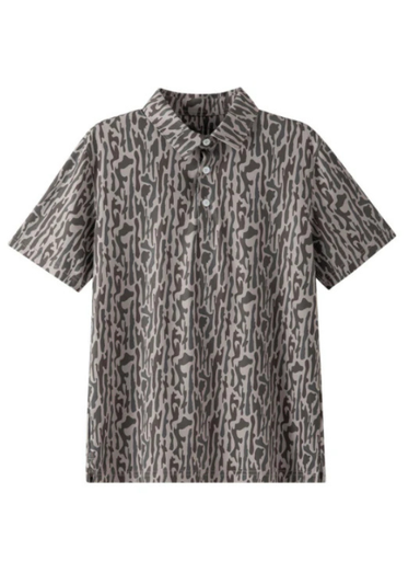 gray and brown striped camo print polo