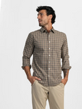 brown and tan plaid long sleeve button down