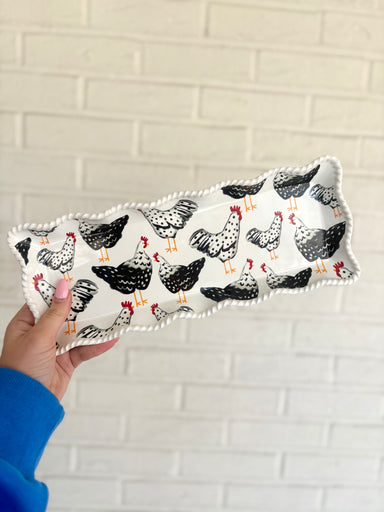 Rooster Set serving tray with ruffle detail farm chic decor plate