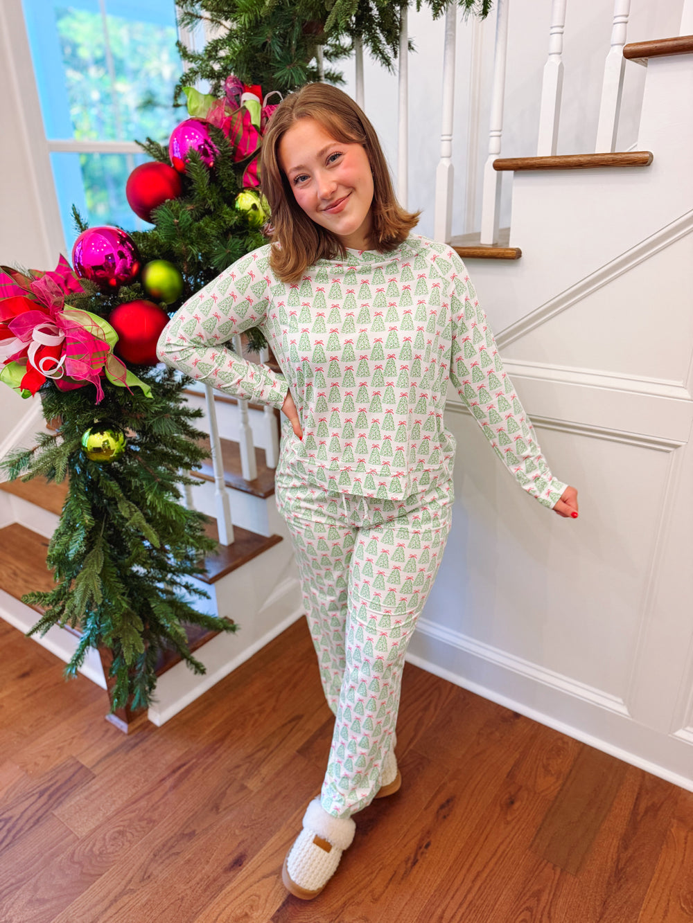 LS pj set with green trees and pink bows on them 
