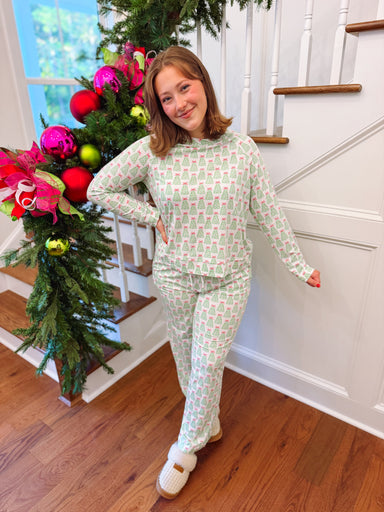 LS pj set with green trees and pink bows on them 