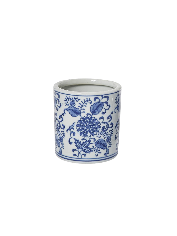 round blue and white vase and planter 