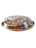 Round platter tray container with assorted fruits and cheeses.