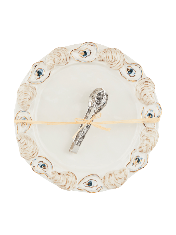 Decorative oyster round serving platter with tong set chic