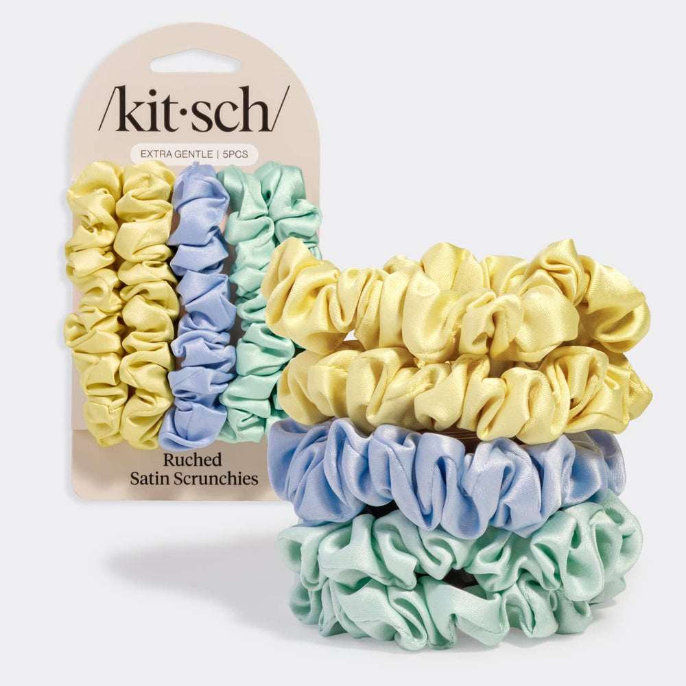 yellow, blue and green satin hair scrunchies 