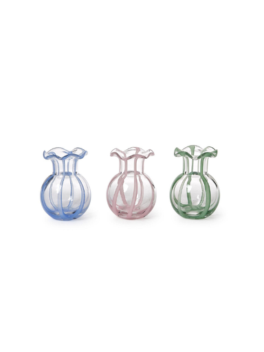 Three small ribbed glass vases in blue, pink, and green, arranged side by side on a white background.